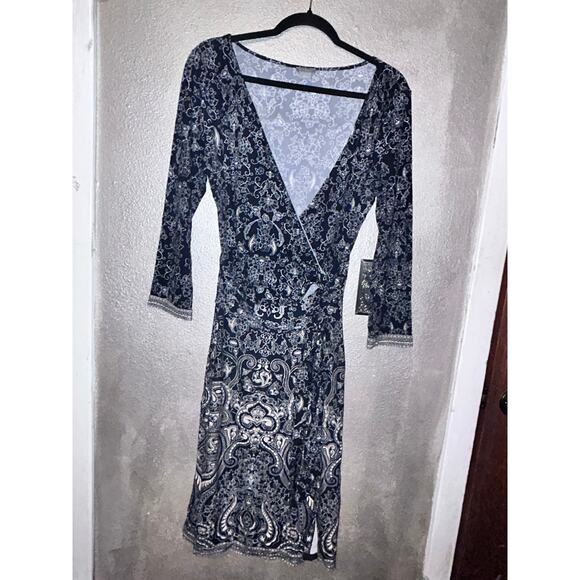 Ann Taylor Black White Tan Faux Wrap Midi Dress – Size 8 Professional Office - Picture 12 of 13